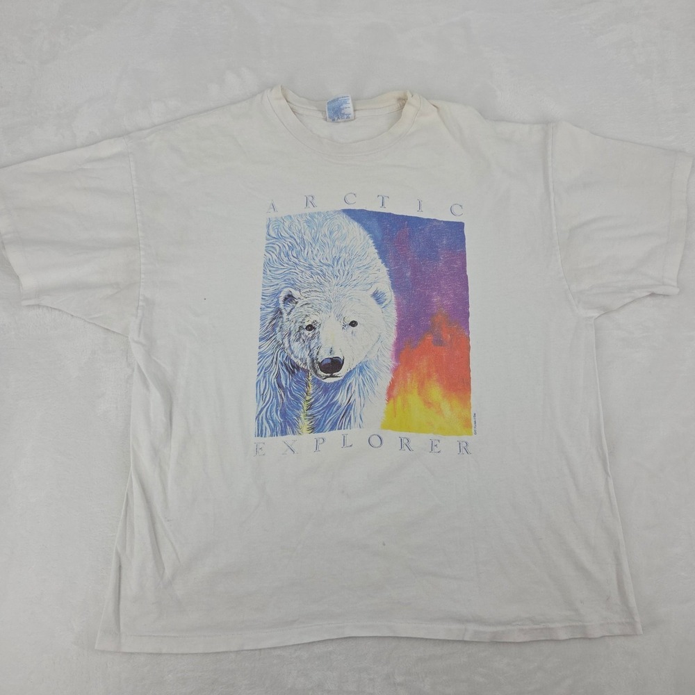 VTG 1995 Human-i-Tees Arctic Explorer Polar Bear White Art Nature Shirt Sz XXL